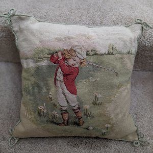 Needlepoint Pillow with Quaint Vintage Scene of Child Playing Golf